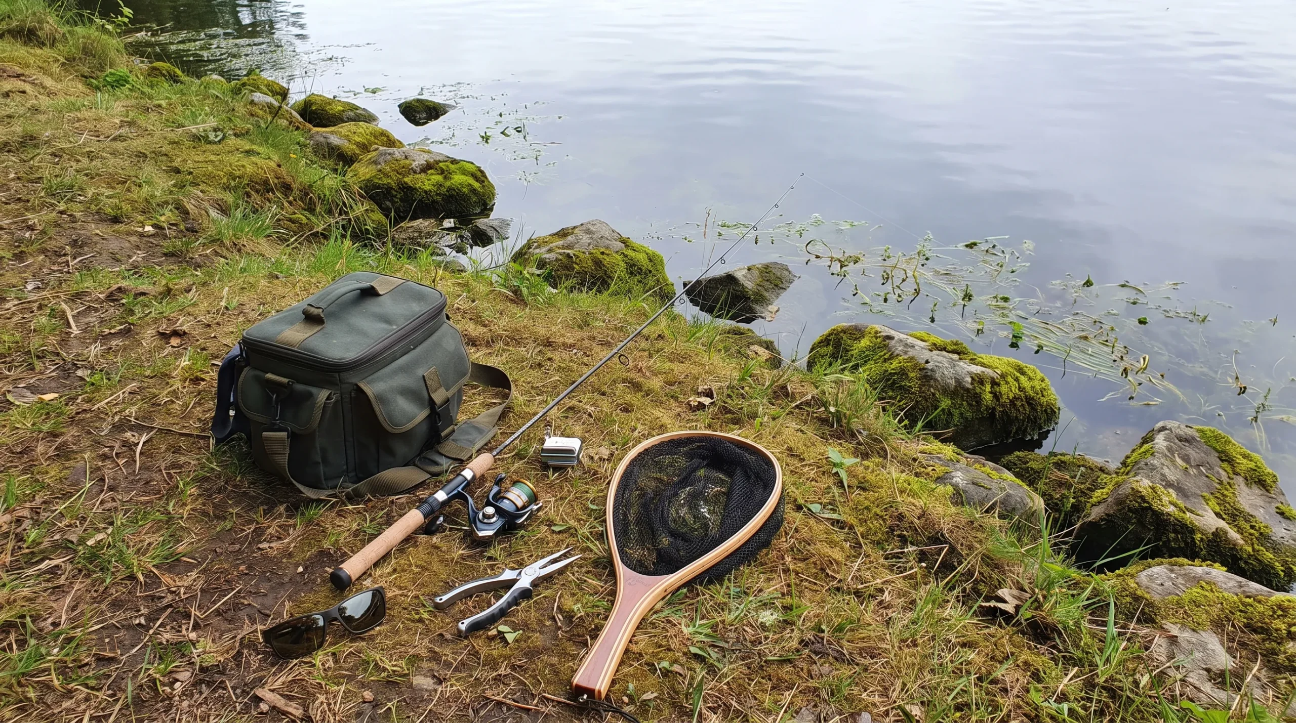 A spinning rod, tackle bag, pliers, sunglasses and landing net rest on a grassy bank beside calm water with weeds and rocks.